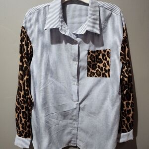 Striped Button-Up Shirt with Leopard Accent Pocket & Sleeves